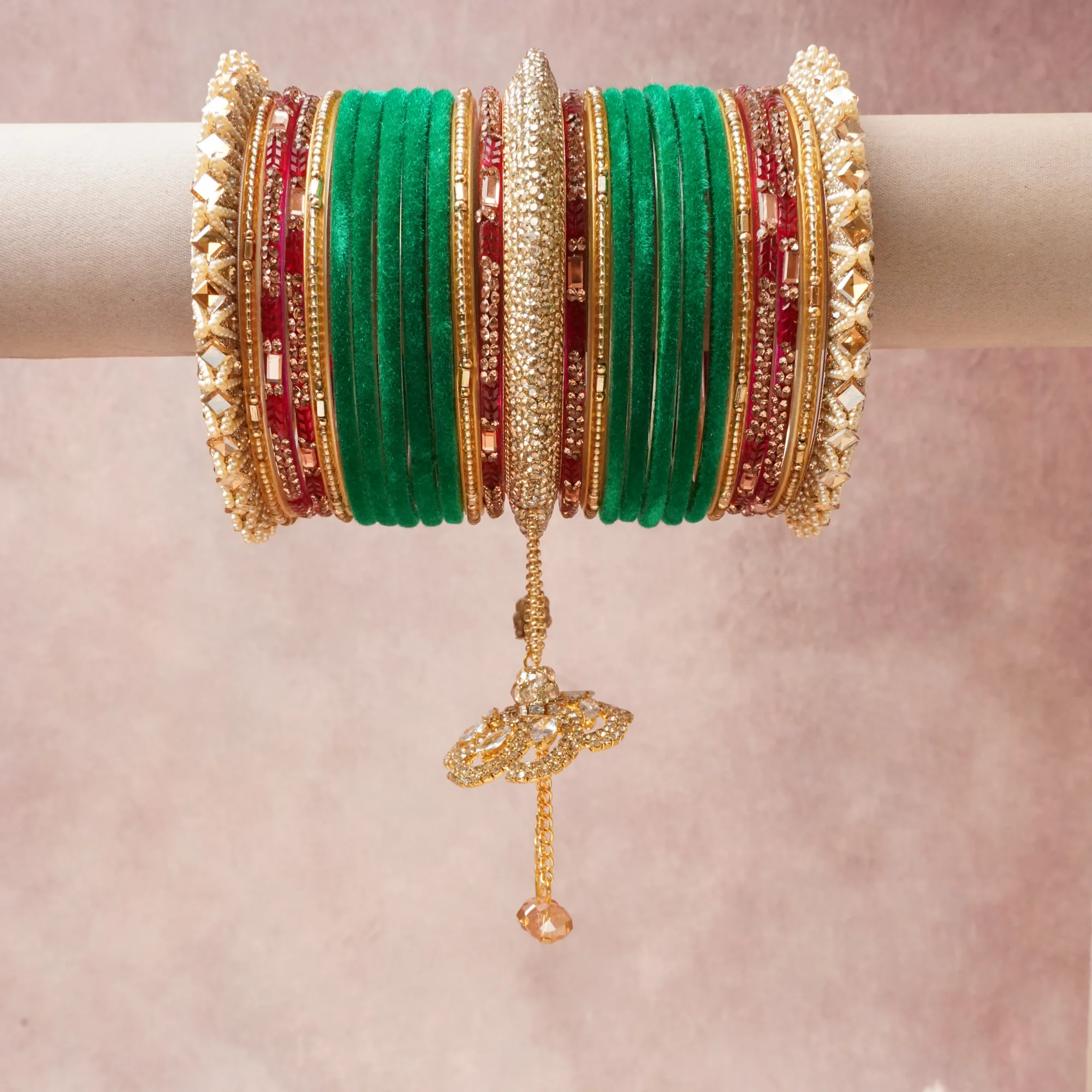 A commanding Emerald Green anchors this beautiful set, enriched with accents of Rich Gold, Garnet Red, Clear Crystal, Mirror Silver that add depth and dimension.

Featuring a striking composition of Gold-toned Metal, Velvet, Glass, Mirrors, Crystals, Simulated Pearls, this set carries intricate craftsmanship and strong presence. Grand in form, it is created for moments that deserve to be marked.